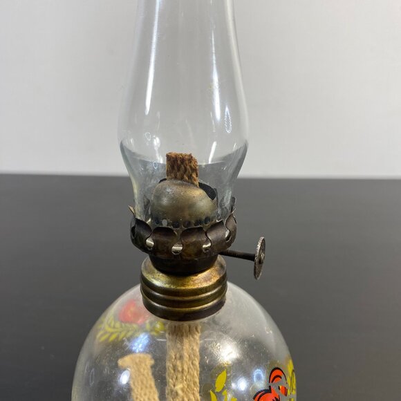 Miniature Oil Lamp Glass Hand Painted red White Flowers, Clear Top, Mini Lamp. - Picture 7 of 10
